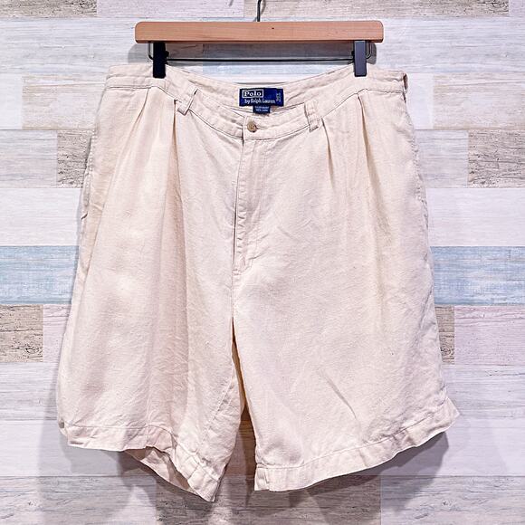 POLO Ralph Lauren Linen Tyler Shorts Beige Pleated 8.5" Inseam Casual Mens 38 - Picture 1 of 6